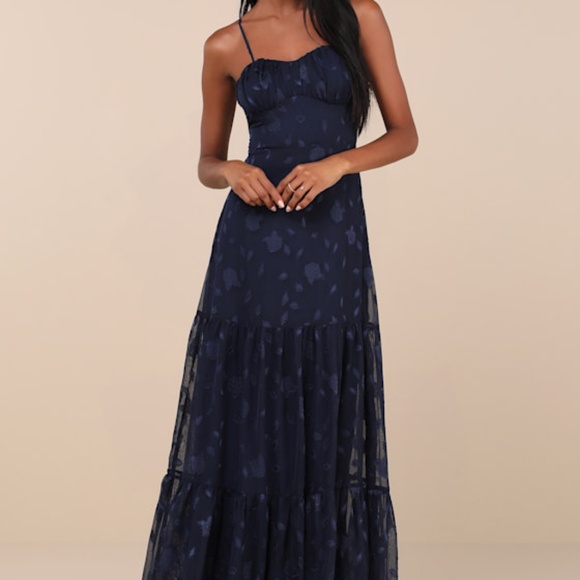 Poised Grace Navy Blue Burnout Floral Bustier Tiered Maxi Dress - Picture 1 of 1